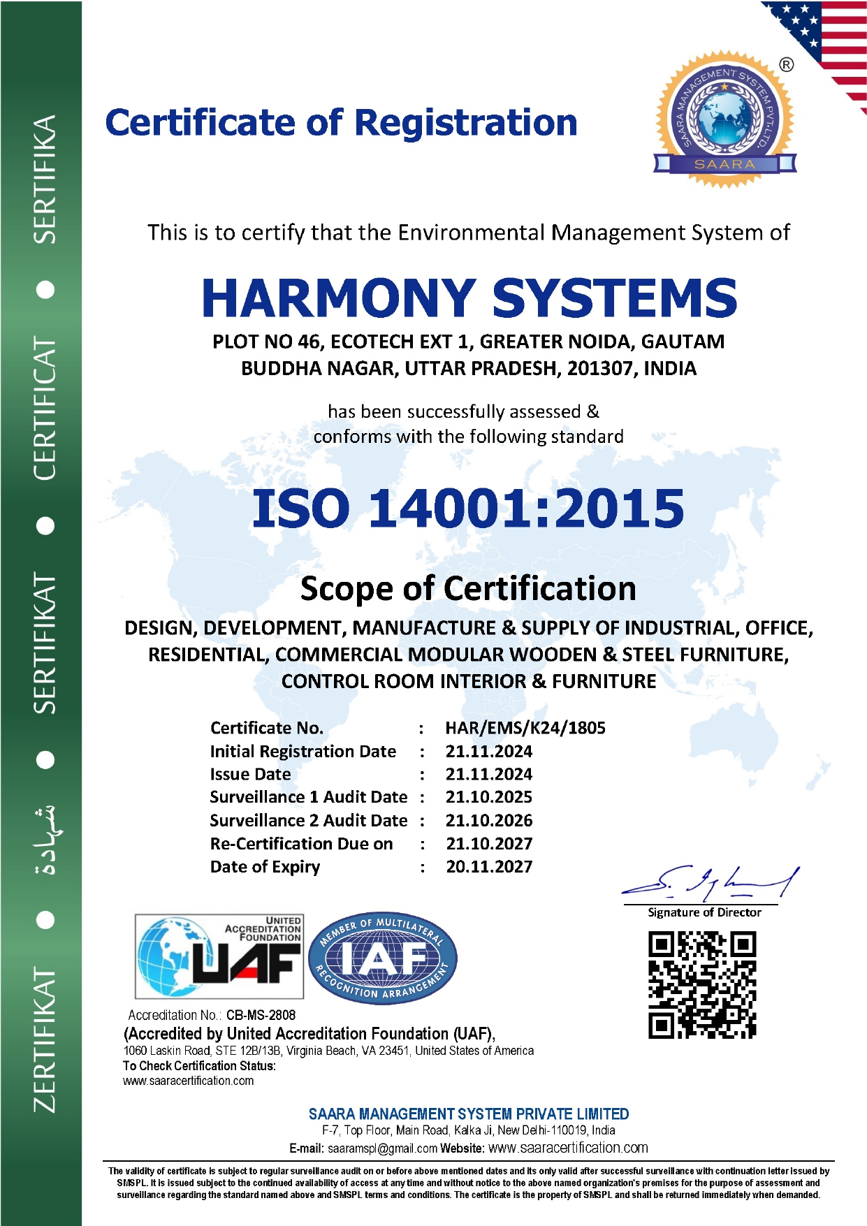 CERTIFICATE OF REGISTRATION  ENVIRONMENTAL MANAGEMENT