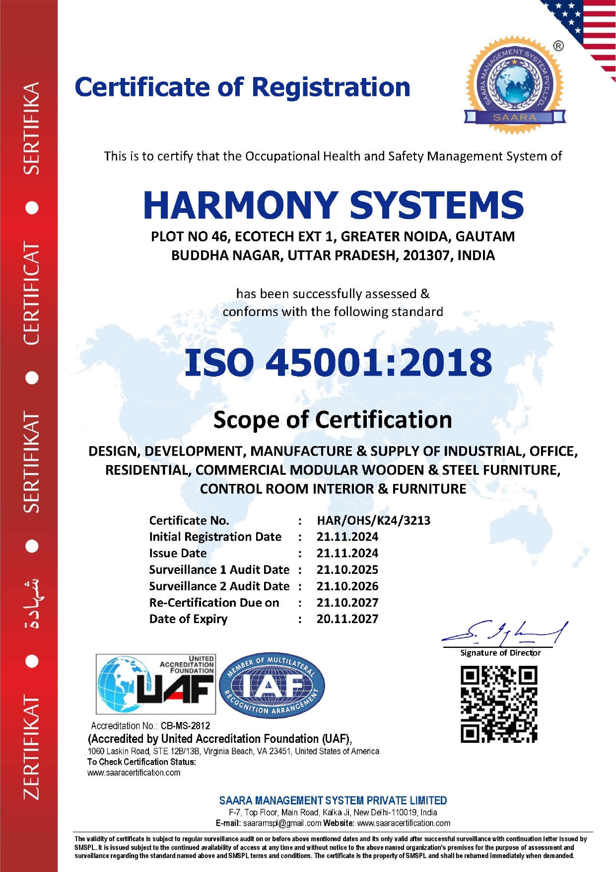 CERTIFICATE OF REGISTRATION OCCUOTIONAL AND HEALTH SAFETY